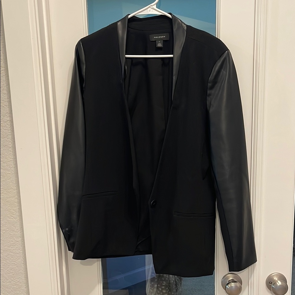 Black Blazer with Faux Leather Sleeves